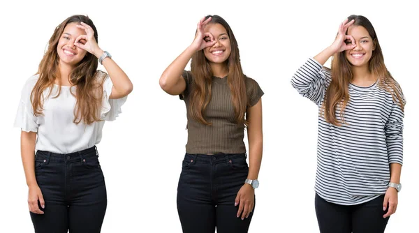 Collage Hermosa Mujer Joven Sobre Fondo Aislado Haciendo Buen Gesto —  Fotos de Stock