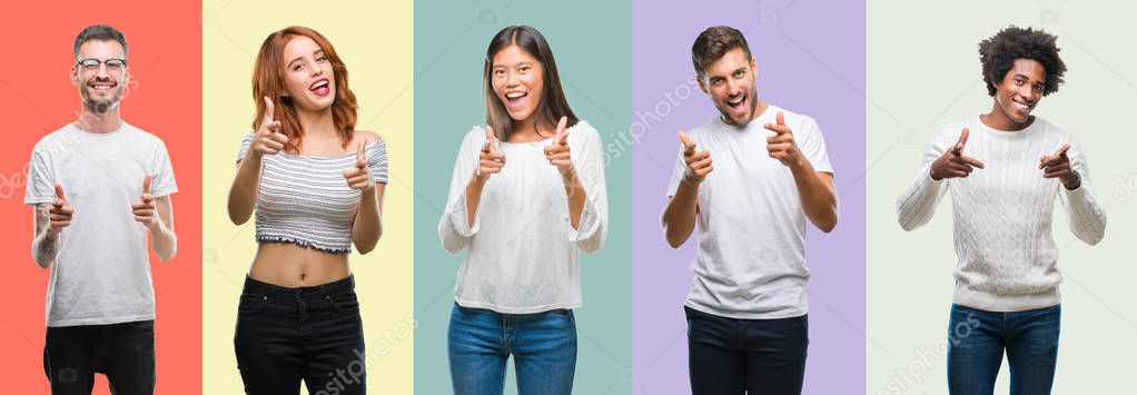 Composition of african american, hispanic and chinese group of people over vintage color background pointing fingers to camera with happy and funny face. Good energy and vibes.