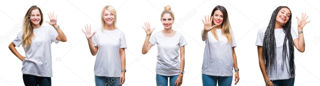 Collage of group of beautiful woman wearing casual white t-shirt over isolated background showing and pointing up with fingers number five while smiling confident and happy.