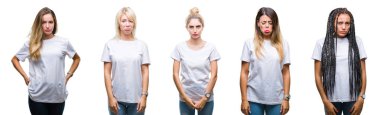 Kolaj izole arka plan üzerinde rahat beyaz t-shirt giyen güzel bir kadın Grubu'nun depresif ve kızgın ve korkmuş ağlıyor sıkıntı için endişeleniyorum. Üzgün ifade.