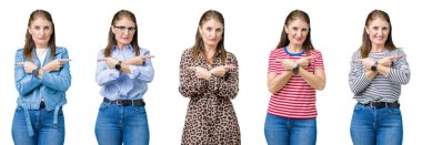 Kolaj izole arka plan güzel orta yaş kadın her iki parmak ile işaret eden, farklı yönde katılmıyorum