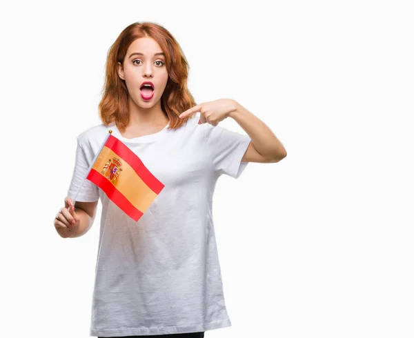 Joven Hermosa Mujer Sosteniendo Bandera España Sobre Fondo Aislado Con — Foto de Stock