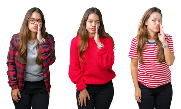 Collage Vackra Unga Kvinnan Över Isolerade Bakgrund Handen Munnen Säger — Stockfoto