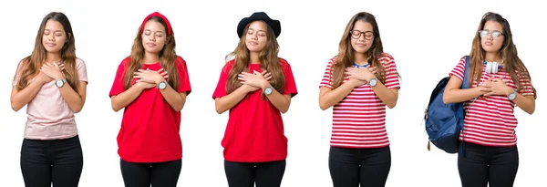 Colagem Bela Jovem Sobre Fundo Isolado Sorrindo Com Mãos Peito — Fotografia de Stock