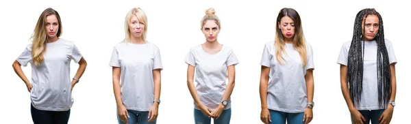 Colagem Grupo Mulher Bonita Vestindo Camiseta Branca Casual Sobre Fundo — Fotografia de Stock