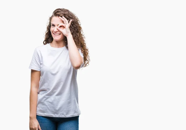 Mooie Brunette Krullend Haar Jong Meisje Dragen Casual Shirt Geïsoleerde — Stockfoto