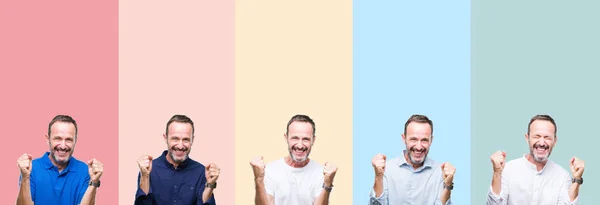 Collage Van Senior Hoary Knappe Man Kleurrijke Strepen Geïsoleerde Achtergrond — Stockfoto