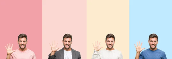 Collage Beau Jeune Homme Sur Des Rayures Colorées Fond Isolé — Photo