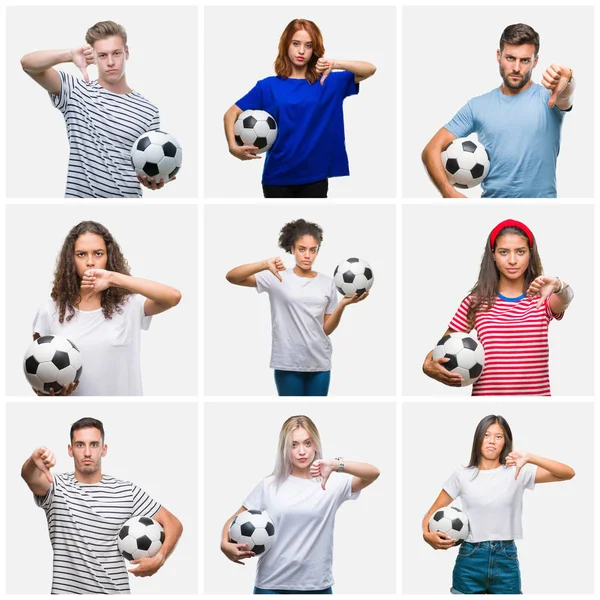 Коллаж Группы Молодых Людей Держащих Футбольный Мяч Изолированном Фоне Сердитым — стоковое фото