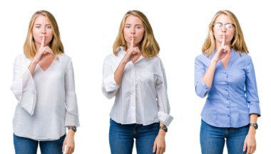 Güzel sarışın iş kadını dudaklarında parmak ile sessiz olmanı beyaz izole arka plan üzerinde kolaj. Sessizlik ve gizli kavramı.