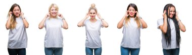Kolaj grubunun kulakları ile yüksek sesle müzik gürültü rahatsız ifade parmaklarıyla kapsayan izole arka plan üzerinde rahat beyaz t-shirt giyen güzel bir kadın. Sağır kavramı.