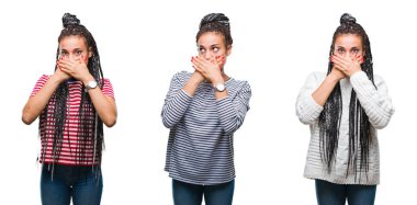 Kolaj güzel örgülü saç Afrikalı-Amerikalı kadın izole arka plan ağız hata için elleriyle kapsayan şok yüzünden. Gizli kavramı.