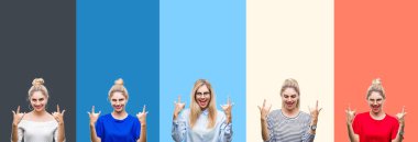 Genç güzel sarışın kadın canlı renkli vintage yüzünden kolaj deli ifade rock simge elle yapıyor ile bağırarak izole arka plan şeritler. Müzik yıldızı. Ağır kavramı.