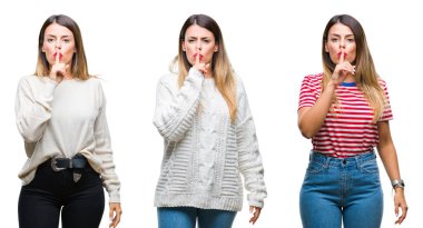 Kolaj dudaklarında parmak ile sessiz olmanı izole arka plan üzerinde genç güzel kadın. Sessizlik ve gizli kavramı.