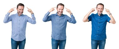 Beyaz izole yakışıklı üst düzey adam kolaj hem el parmak, harika bir fikir ya da düşünce, iyi bellek ile baş gösteren gülen arka plan