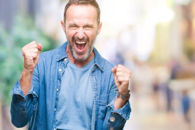 Gülümseyen ve başarı için çığlık orta yaş ağarmış üst düzey adam izole arka plan çok mutlu ve heyecanlı kaldırdı, silah ile kazanan jest yapıyor. Kutlama kavramı.