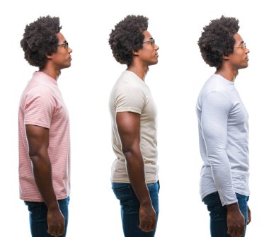 Kolaj üzerinde güneş gözlüğü takıyor Afrikalı-Amerikalı genç adam bir tarafına bakarak arka plan izole, doğal yüz emin gülümseme ile pozuyla profil sakin ol.