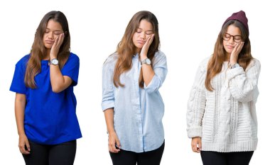 Güzel genç kadın yüzünden izole arka plan düşünme seyir yorgun ve bıkkın ile depresyon sorun Çapraz kollar ile kolaj.