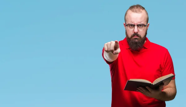 Young Hipster Man Wearing Glasses Reading Book Isolated Background Pointing — Stock Photo, Image