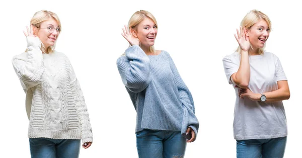 Collage Einer Schönen Blonden Frau Winterpullover Vor Isoliertem Hintergrund Die — Stockfoto