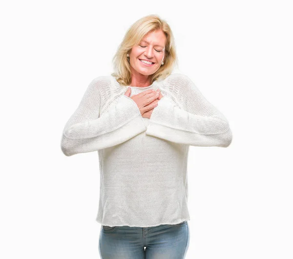 Blonde Vrouw Van Middelbare Leeftijd Winter Trui Dragen Geïsoleerd Achtergrond — Stockfoto