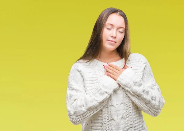 Mulher Branca Bonita Nova Vestindo Camisola Inverno Sobre Fundo Isolado — Fotografia de Stock