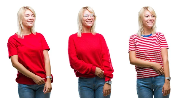 Colagem Bela Mulher Loira Vestindo Casual Vermelho Sobre Fundo Isolado — Fotografia de Stock