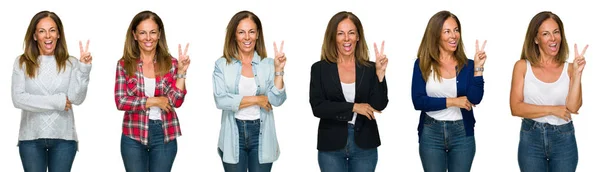 Collage Hermosa Mujer Mediana Edad Sobre Fondo Blanco Aislado Sonriendo —  Fotos de Stock