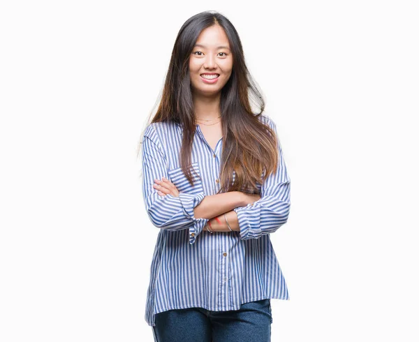 Jonge Aziatische Vrouw Geïsoleerde Achtergrond Blij Gezicht Lachend Met Gekruiste — Stockfoto