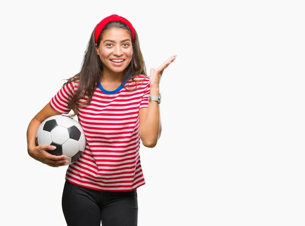 Young Beautiful Arab Woman Holding Soccer Football Ball Isolated Background — Stock Photo, Image