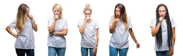 Collage Grupo Mujeres Hermosas Que Usan Una Camiseta Blanca Casual —  Fotos de Stock