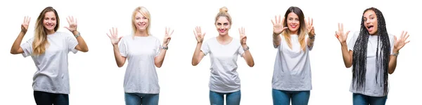 Collage Einer Gruppe Schöner Frauen Die Legeres Weißes Shirt Über — Stockfoto