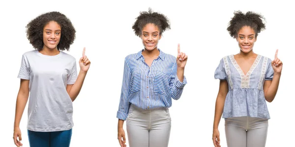 Collage African American Woman Isolated Background Showing Pointing Finger Number — Stock Photo, Image