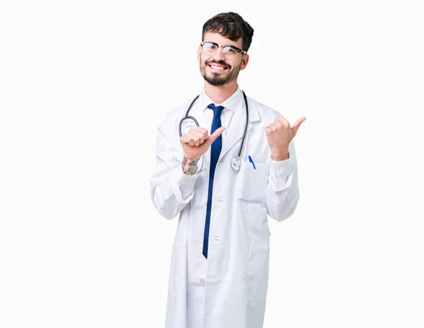 Young Doctor Man Wearing Hospital Coat Isolated Background Pointing Back — Stock Photo, Image