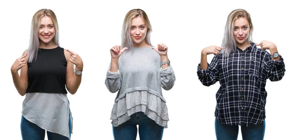 Collage Vacker Blond Ung Kvinna Över Isolerade Bakgrund Ser Självsäker — Stockfoto