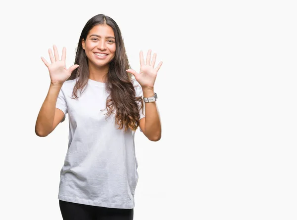 Joven Mujer Árabe Hermosa Sobre Fondo Aislado Mostrando Señalando Hacia — Foto de Stock