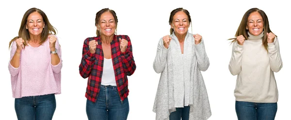 Collage Hermosa Mujer Mediana Edad Vistiendo Suéter Invierno Sobre Fondo — Foto de Stock