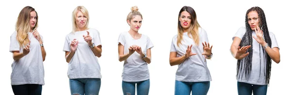 Colagem Grupo Mulher Bonita Vestindo Camiseta Branca Casual Sobre Fundo — Fotografia de Stock