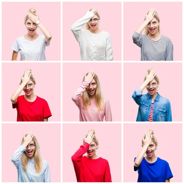 Collage of young beautiful blonde woman over pink isolated background surprised with hand on head for mistake, remember error. Forgot, bad memory concept.