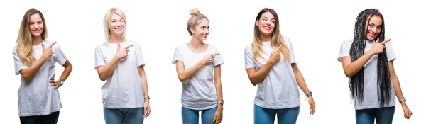 Collage Grupo Hermosa Mujer Vistiendo Casual Camiseta Blanca Sobre Fondo —  Fotos de Stock