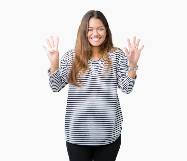 Jonge Mooie Brunette Vrouw Dragen Strepen Trui Geïsoleerde Achtergrond Weergeven — Stockfoto