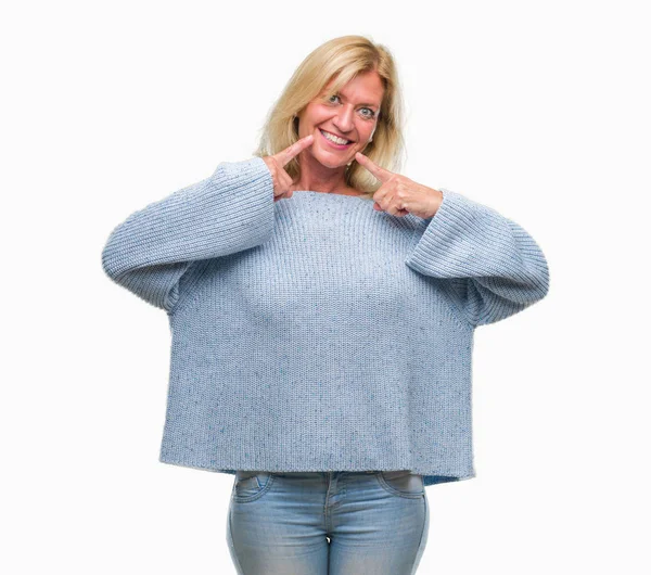 Middle Age Blonde Woman Wearing Winter Sweater Isolated Background Smiling — Stock Photo, Image