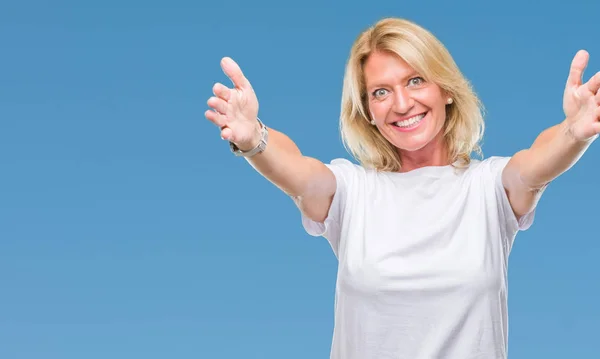 Middle Age Blonde Woman Isolated Background Looking Camera Smiling Open — Stock Photo, Image