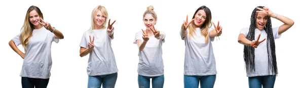 Colagem Grupo Mulher Bonita Vestindo Camiseta Branca Casual Sobre Fundo — Fotografia de Stock