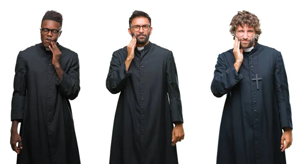 Collage of christian priest men over isolated background touching mouth with hand with painful expression because of toothache or dental illness on teeth. Dentist concept.