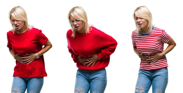 上カジュアルな赤い服を着て美しい金髪女性のコラージュが胃に手でバック グラウンドを分離した消化不良 気分が悪く痛みを伴う病気 痛みの概念 — ストック写真