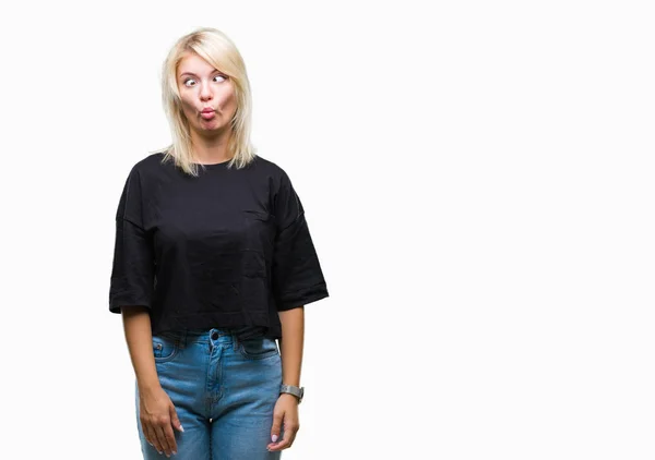 Giovane Bella Donna Bionda Sfondo Isolato Rendendo Faccia Pesce Con — Foto Stock