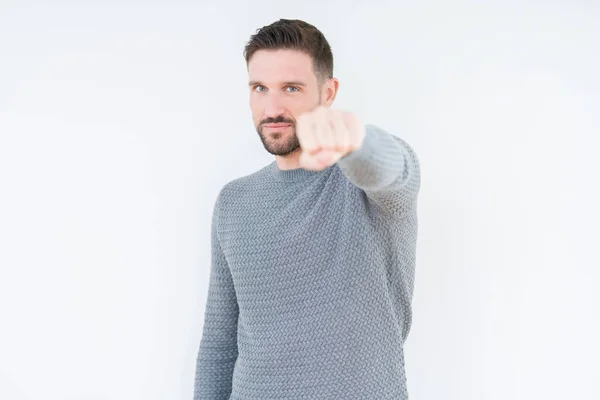 Young Handsome Man Wearing Casual Sweater Isolated Background Punching Fist — Stock Photo, Image