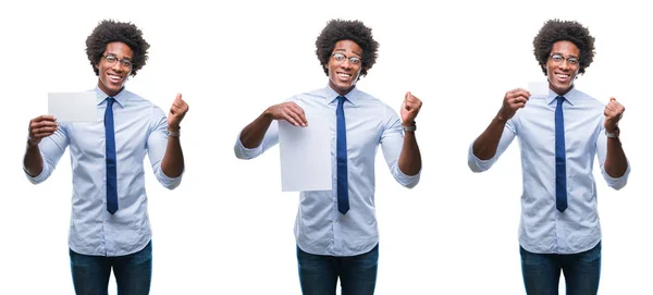 Collage Van Afro Amerikaanse Jonge Zakenman Met Blanco Papier Kaart — Stockfoto