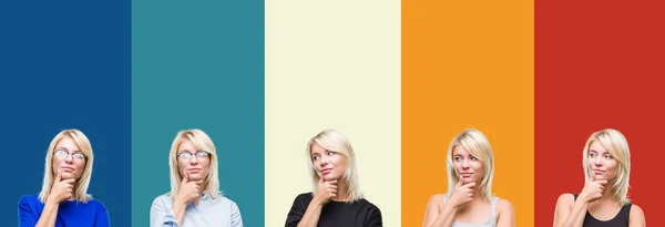Collage Van Mooie Blonde Vrouw Kleurrijke Vintage Geïsoleerde Achtergrond Met — Stockfoto